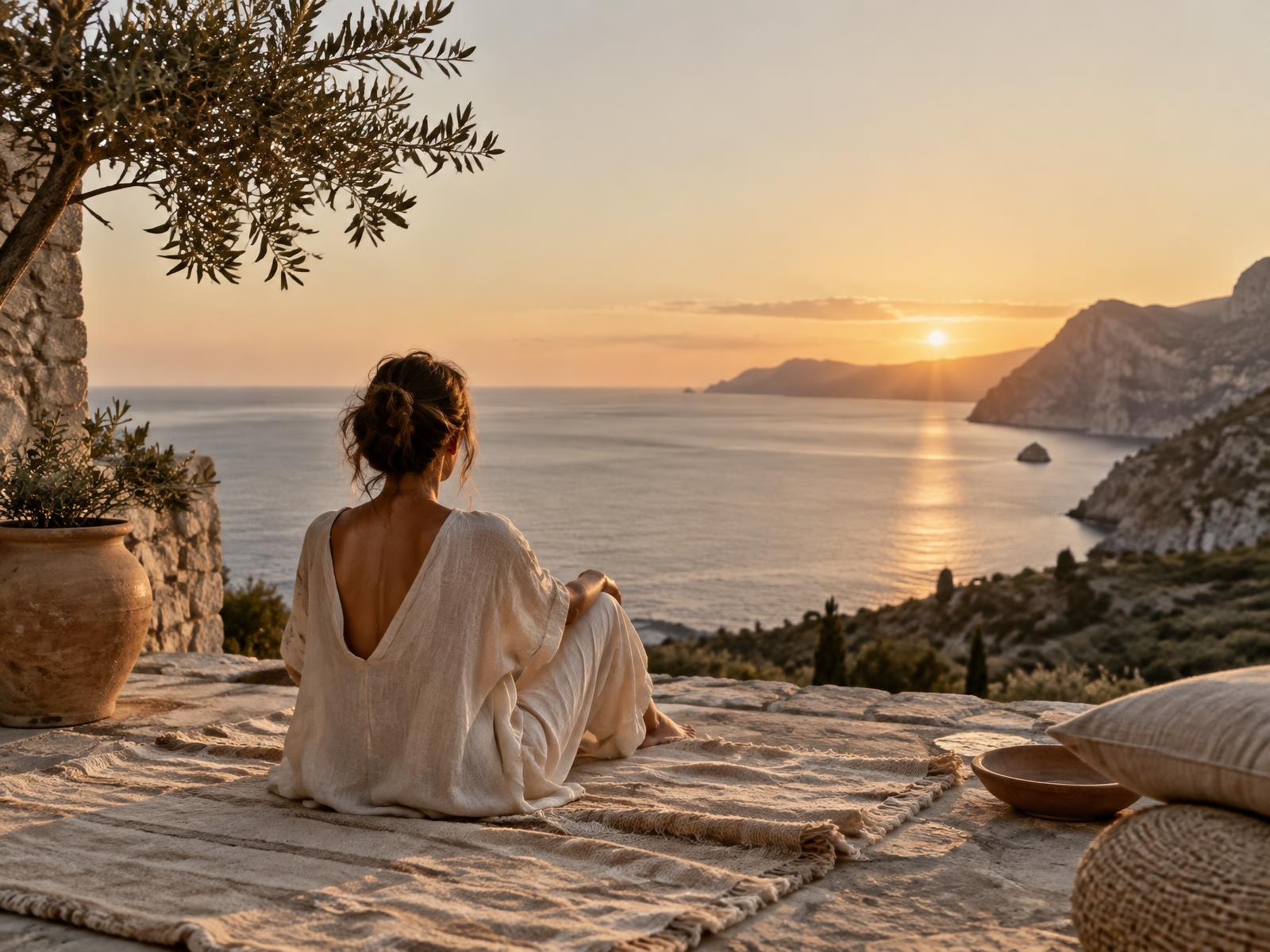 A guest sitting quietly on a Mediterranean terrace as the sun sets over the sea